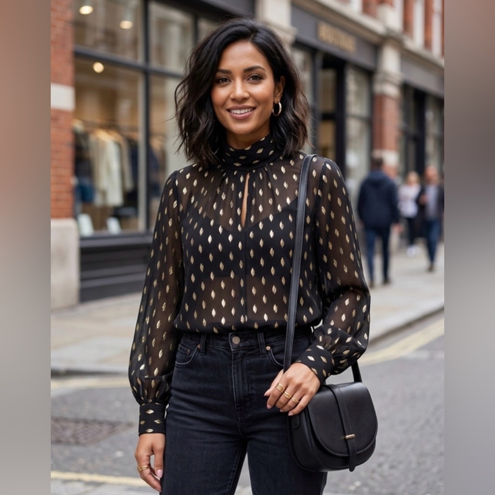Principles Ben de Lisi Sheer Black & Gold Foil Blouse - Size 6